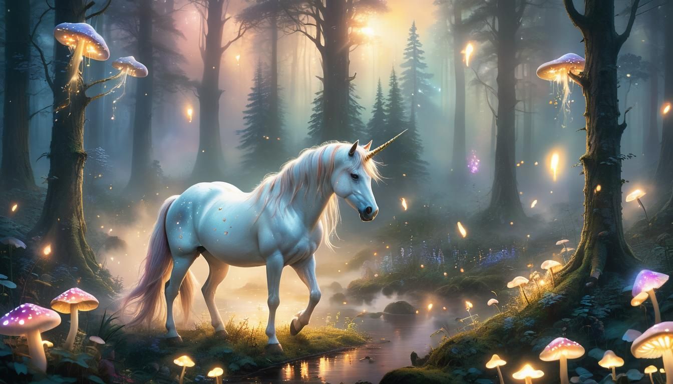 Unicorn in Mystical Forest at Sunset in Magical Realism
