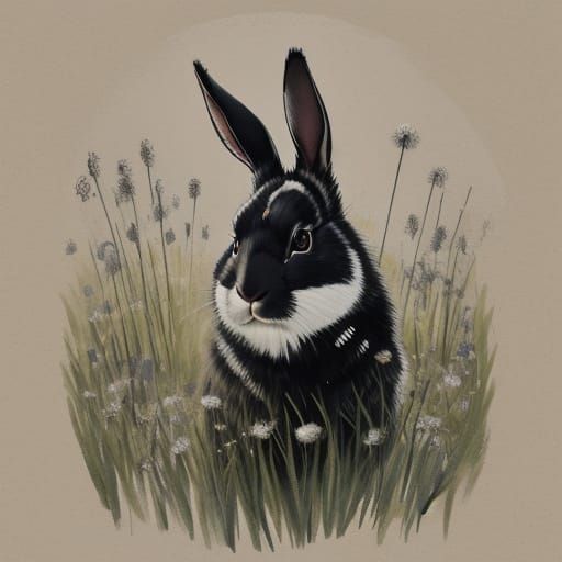 Japanese Ink Painting of a Rabbit in Nature