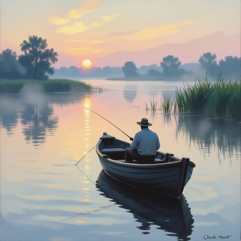 Fisherman on Misty Lake at Dawn, Impressionist Style