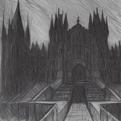 Gothic Figure in Castle Courtyard: Dark Romanticism