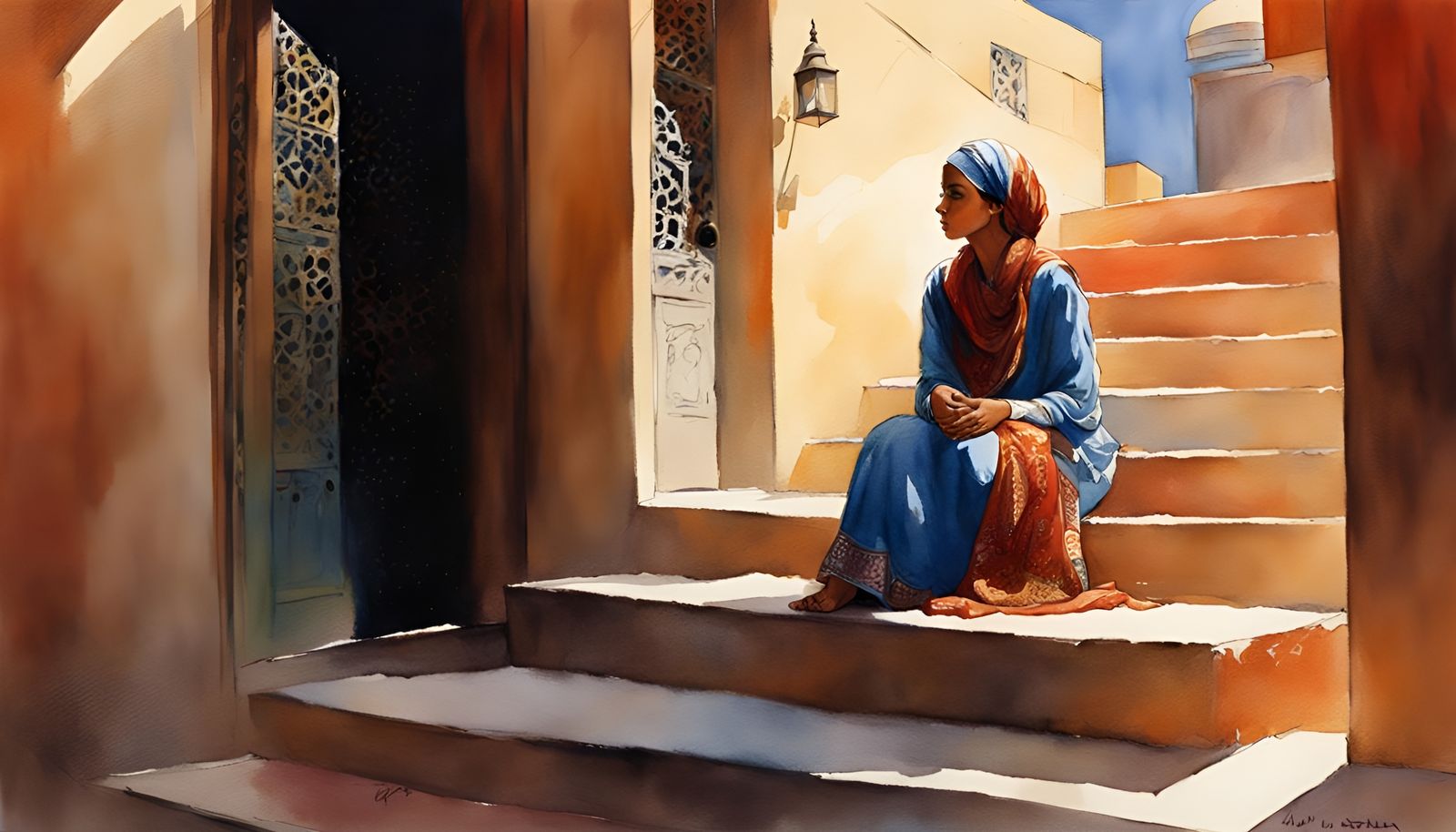 Auburn Watercolor of Woman with Head Wrap