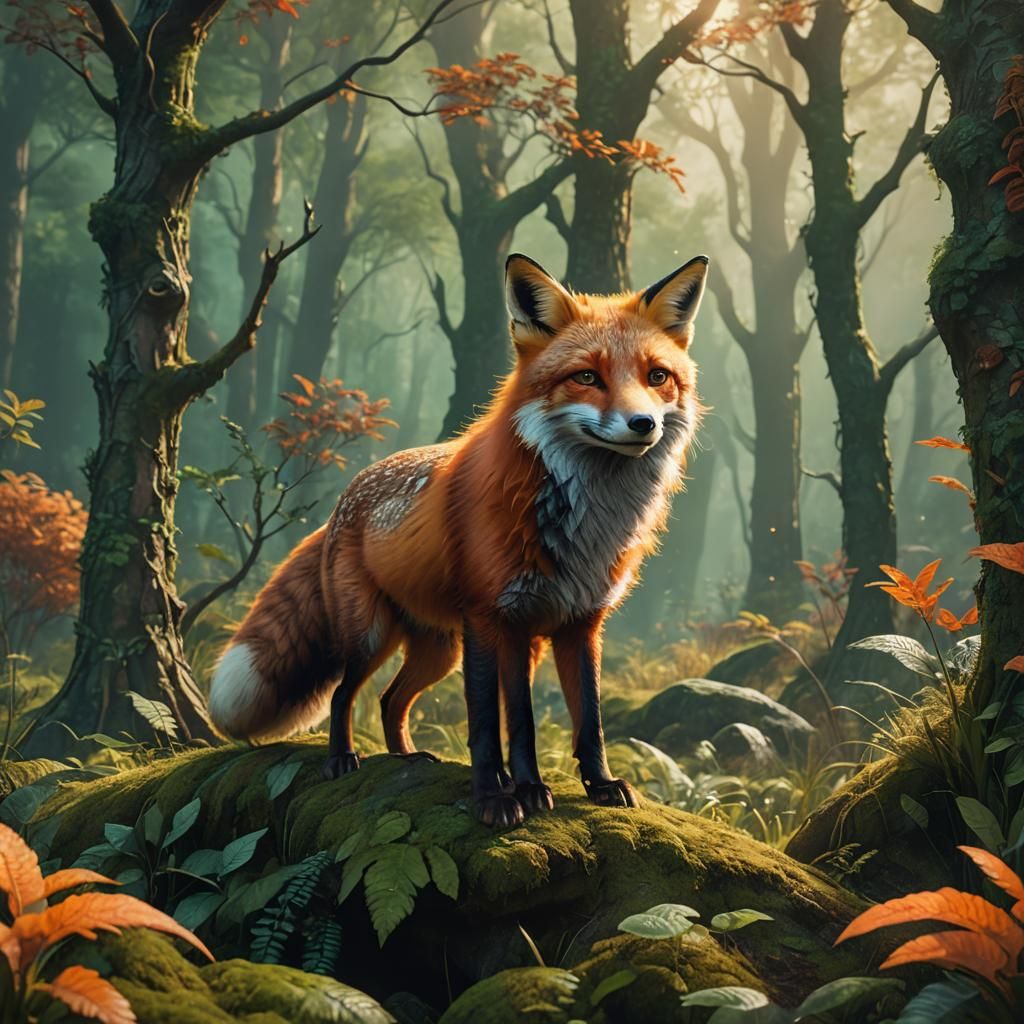 Happy Red Fox in Whimsical Forest: Fantasy Art