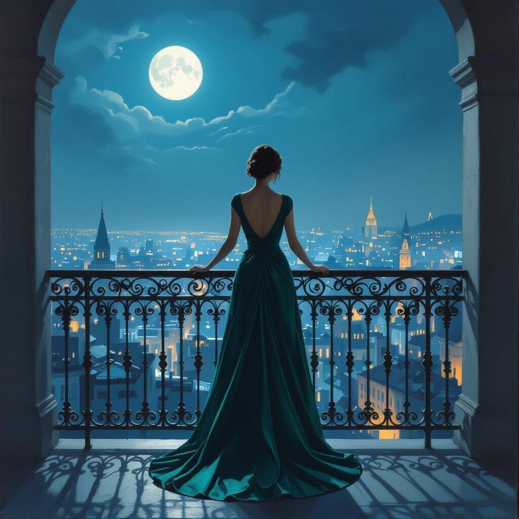 Woman Contemplates Moonlit Cityscape in Elegant Gown
