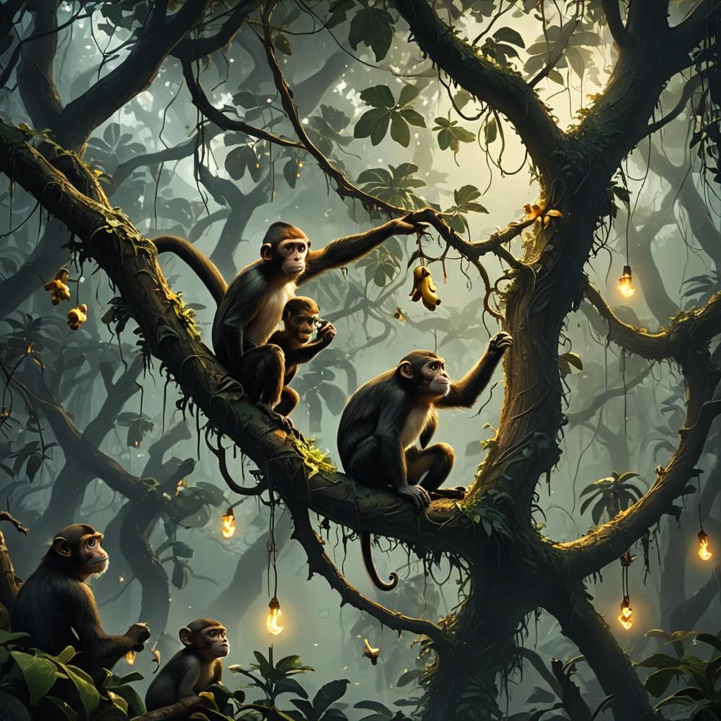 Capuchin Monkey Feast in Misty Jungle, Dark Fantasy