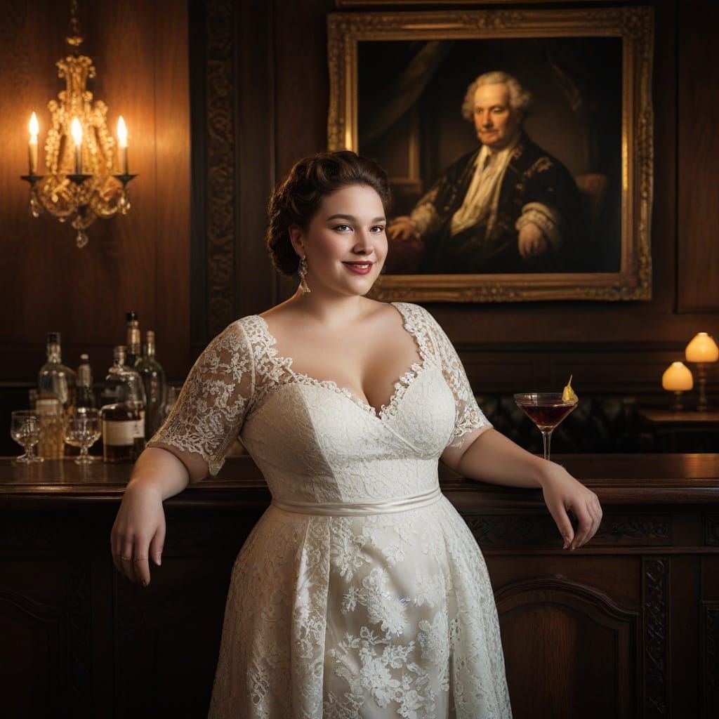 Sensual Fat Woman in Luxurious White Lace at a Classic Cockt...