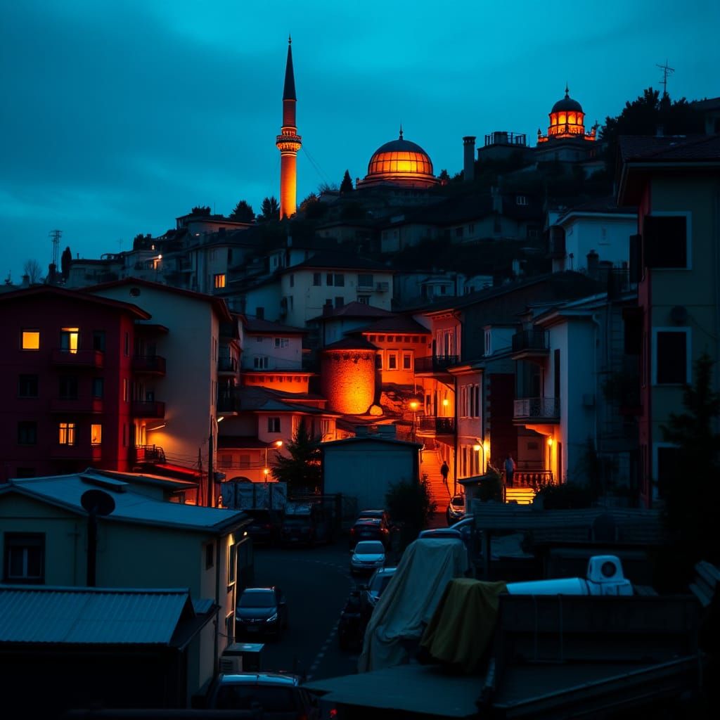 Bioluminescent Double Exposure: City, Nature, and Guitarist