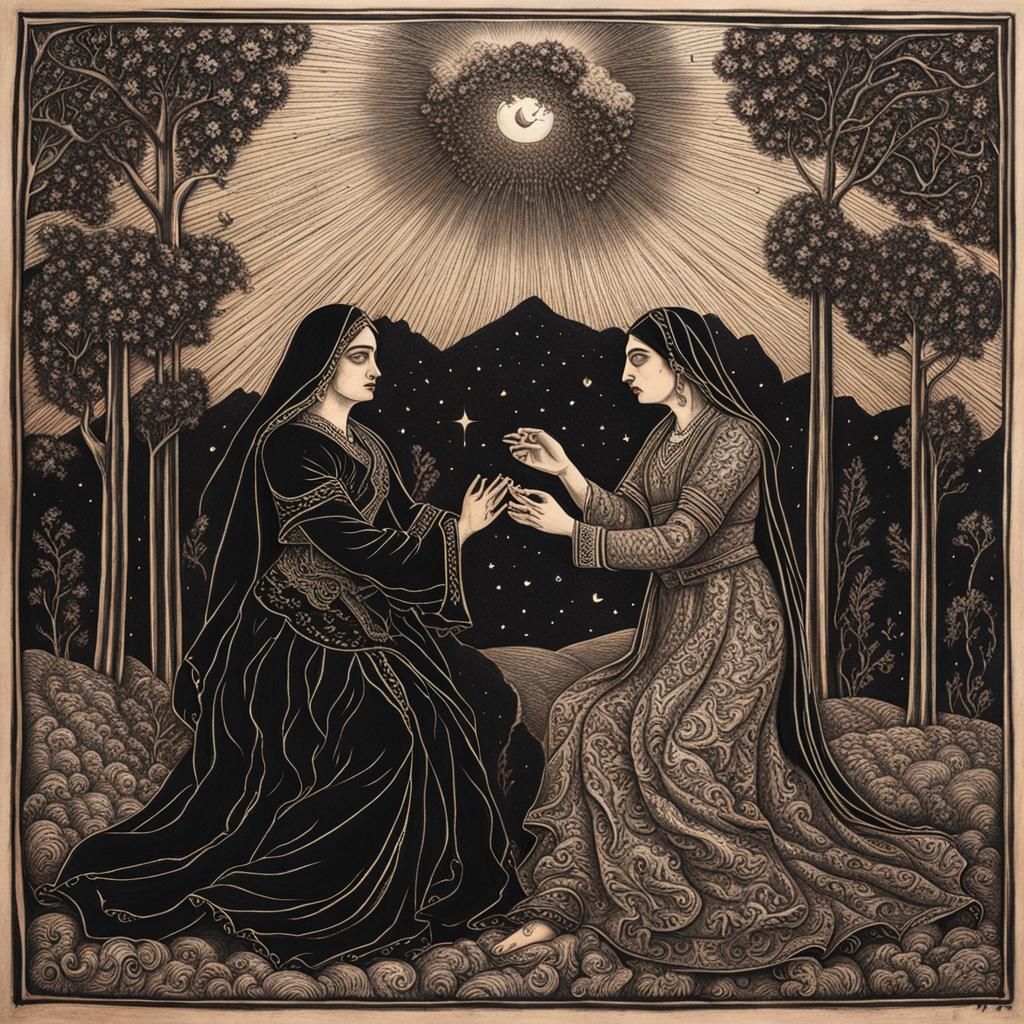 Hades and Persephone: Qajar Art Woodcut