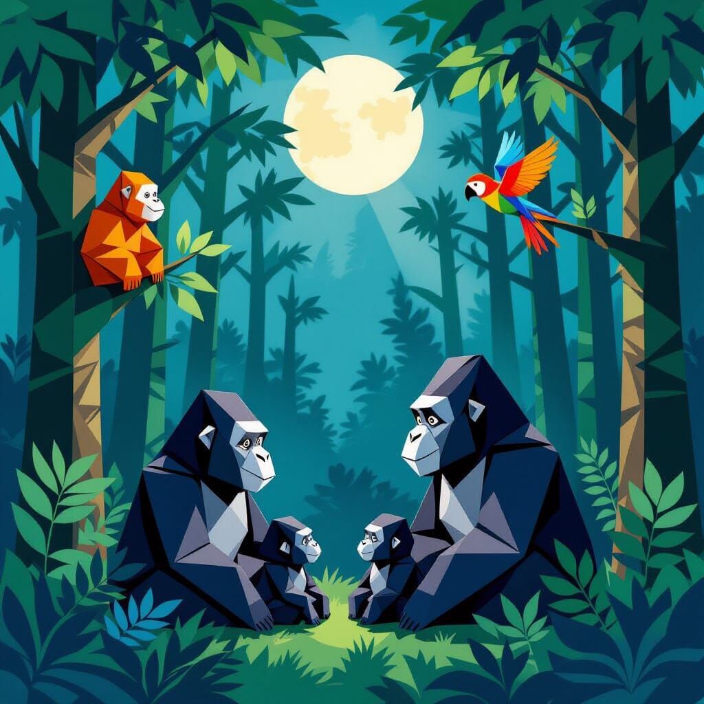 Origami Gorilla Family in Moonlit Jungle Night