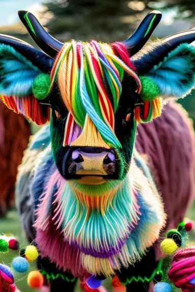 Highland Cow in Yarn, Studio Ghibli Style