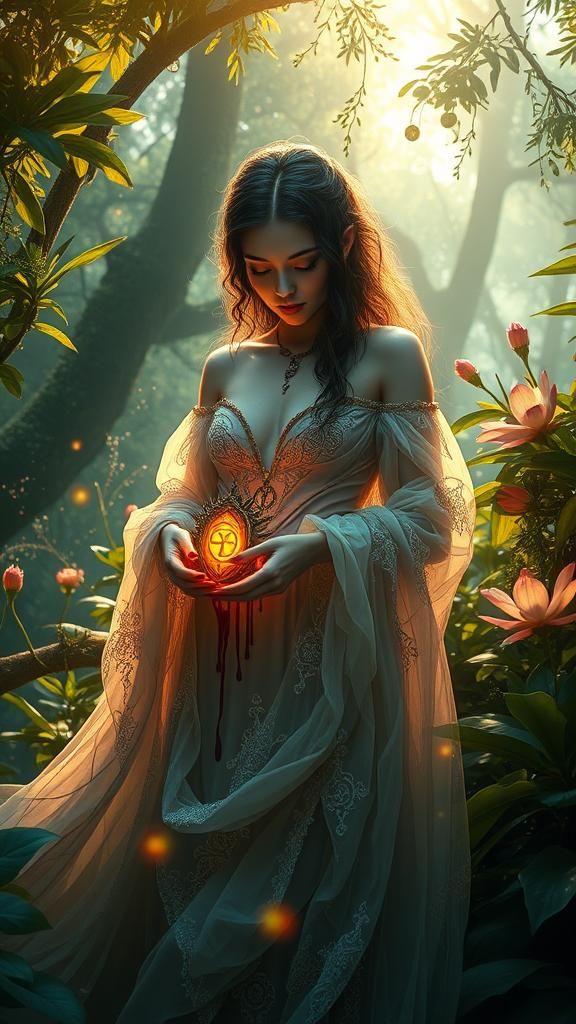 Ethereal Vampire Goddess Amidst Primeval Blooms in Golden Li...
