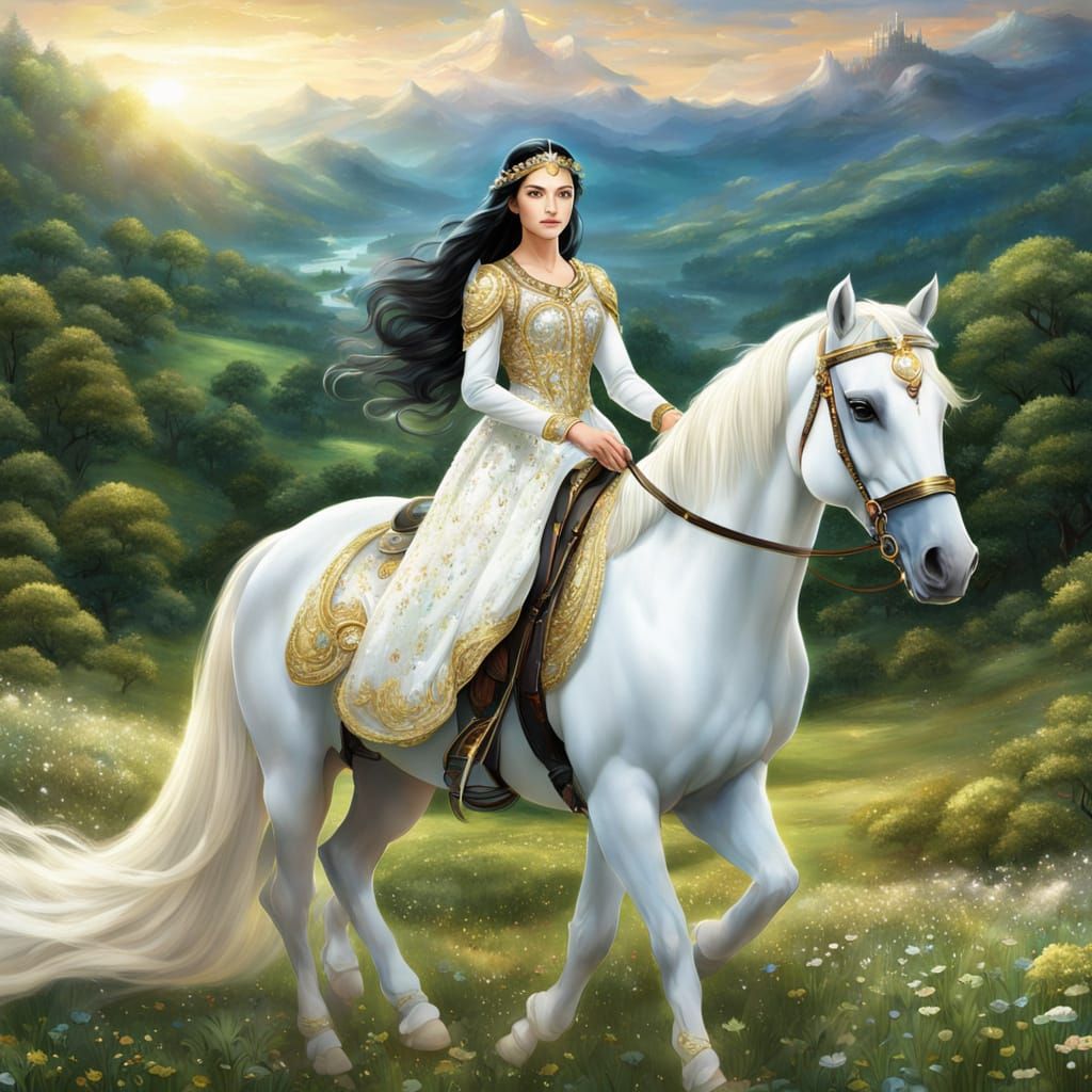 Princess Rides Horse to Crystal Palace in Golden Dress