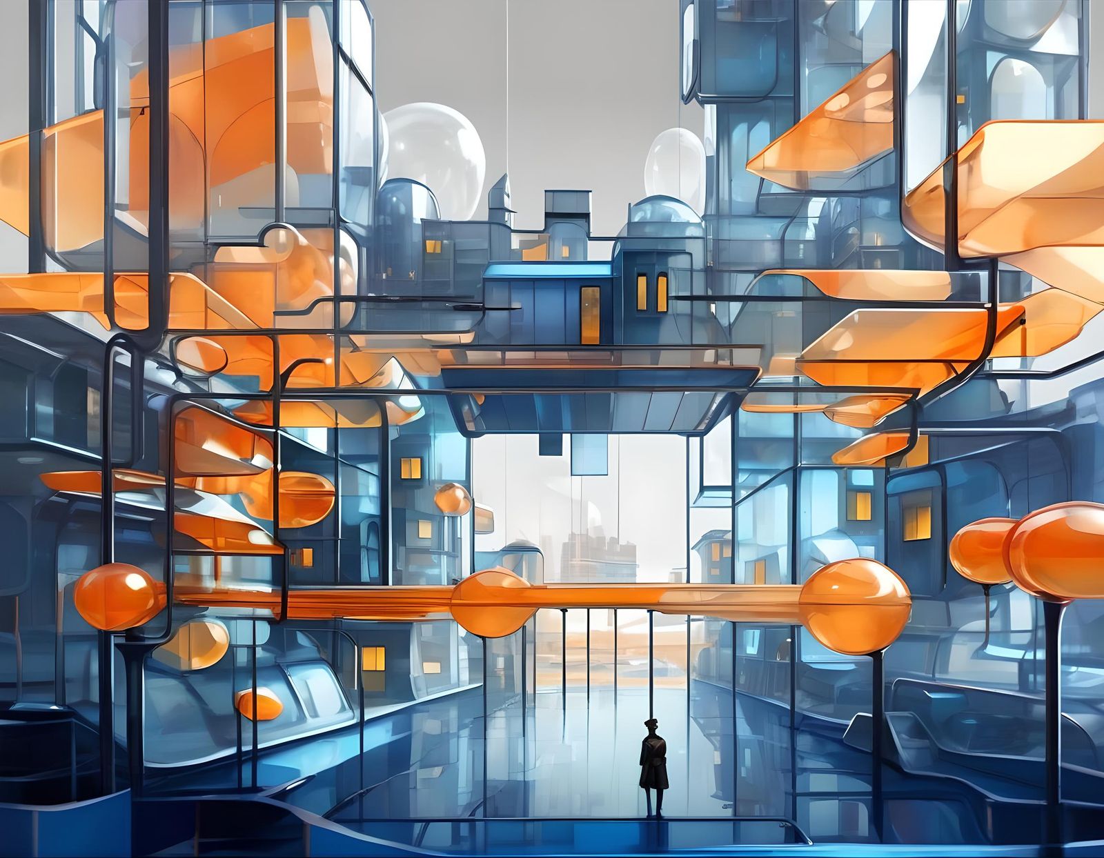 Futuristic Glass City in Cube, Mondrian Style