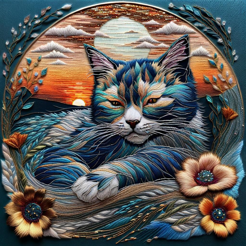 Glittery Metallic Embroidery Art of Sleeping Kitten