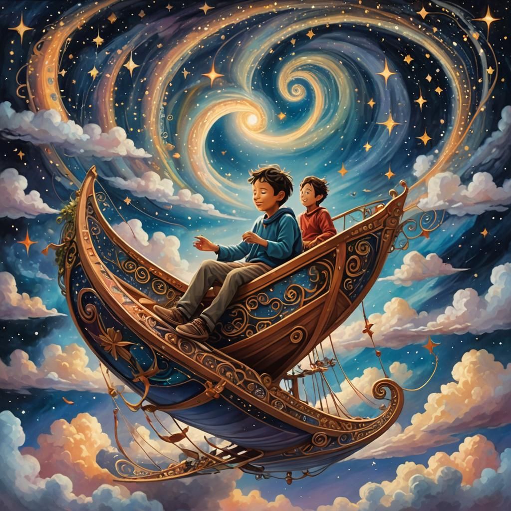 Boy Sails Abstract Sky-Boat Amidst Starry Clouds