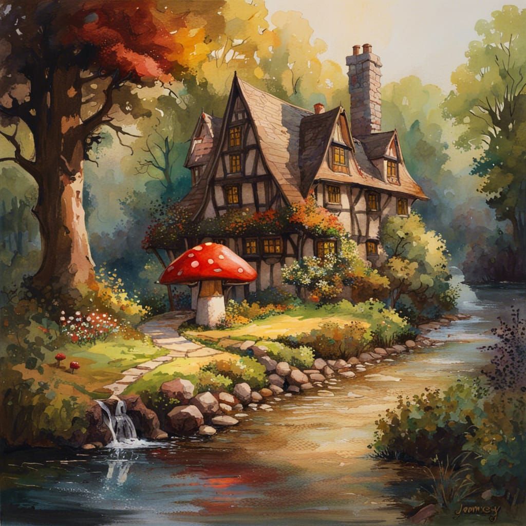 Gothic Fairytale Inn with Cottage Garden Watercolor