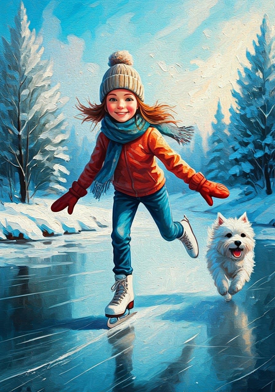 Girl and Dog Ice Skating in a Winter Landscape as 3D Impasto...