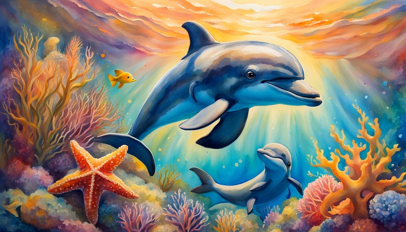 Baby Dolphin Plays With Mother: Watercolor Painting