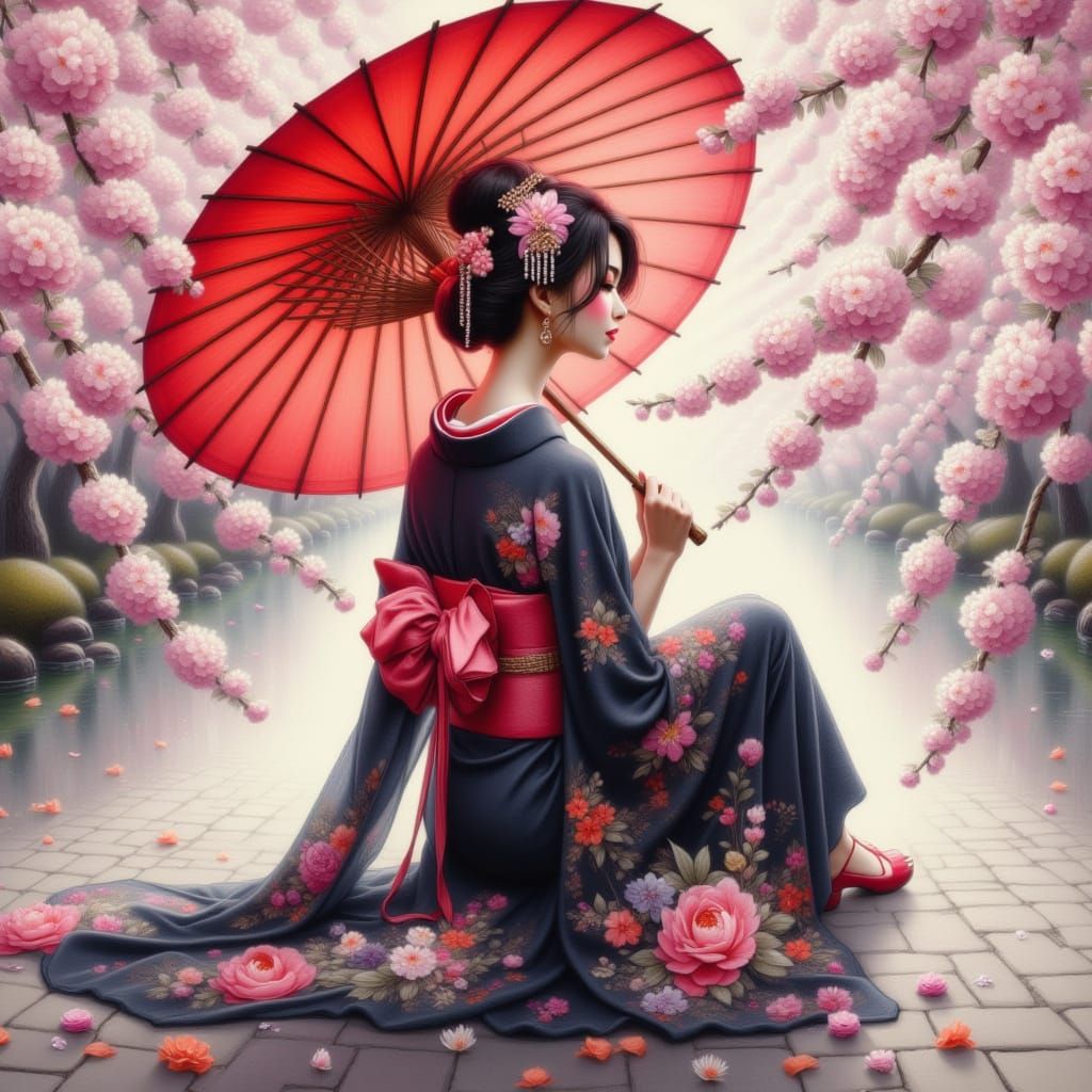 Elegant Geisha with Red Parasol in Cherry Blossom Garden