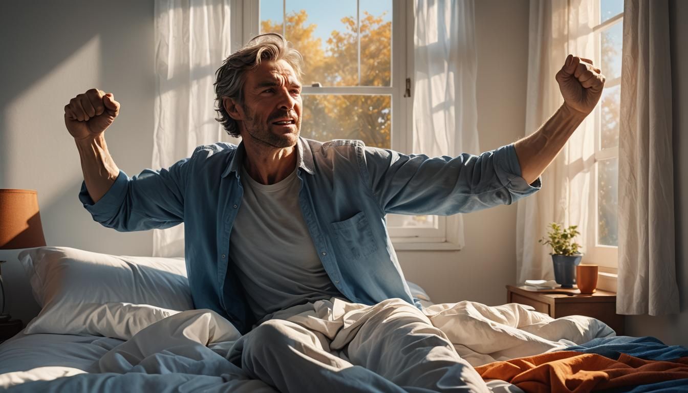 Victorious Man Waking Up: Hyper-Realistic Digital Art