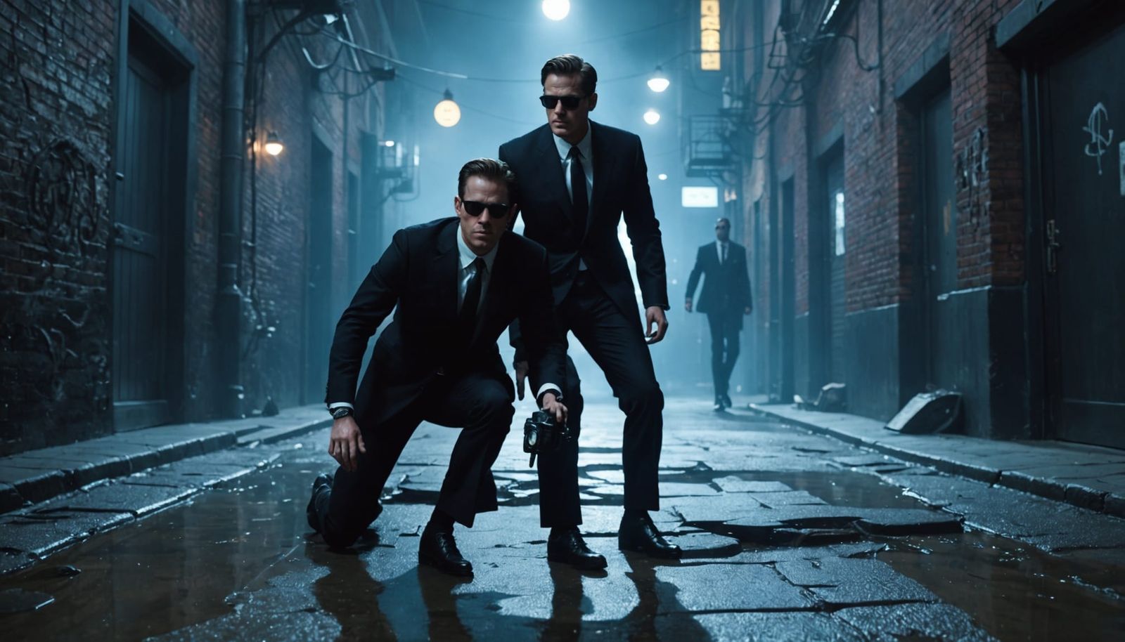 MIB Agents Guarding Temporal Pocket Watch in Neon Alley