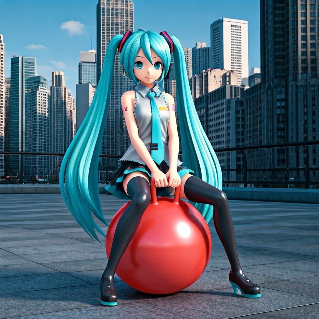 Singing Idol Seated on a Hopper Ball in Urban Landscape