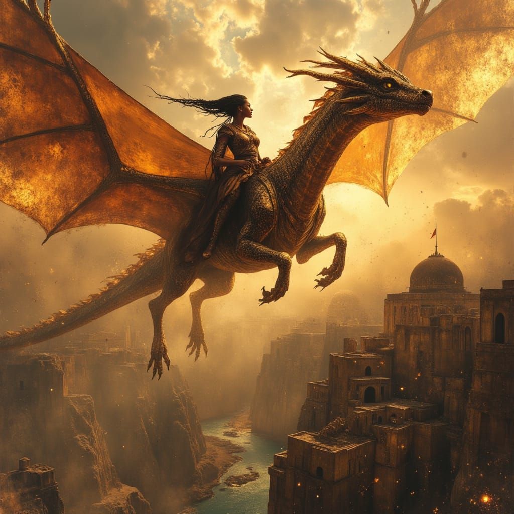 Warrior Goddess on Dragon Over Ancient Egypt