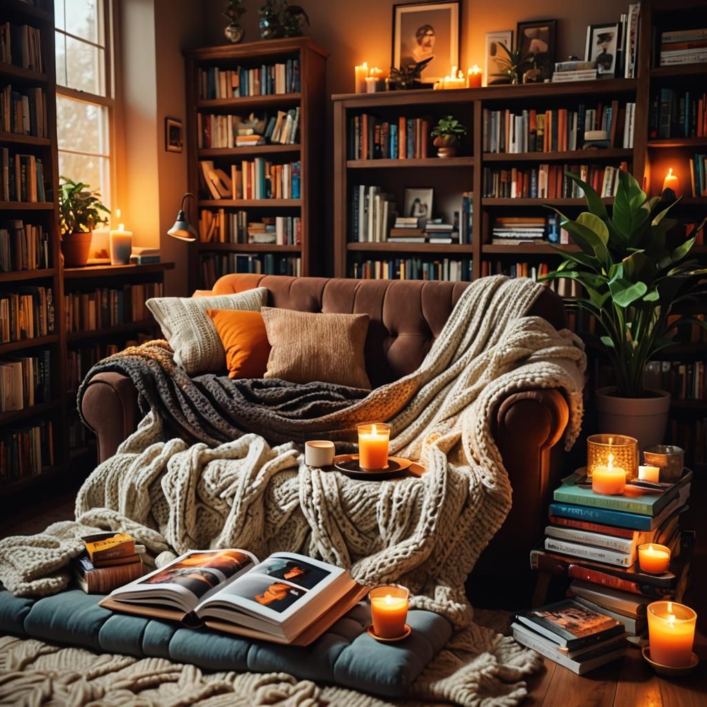 Whimsical Fantasy Interior with Plush Couch and Candles