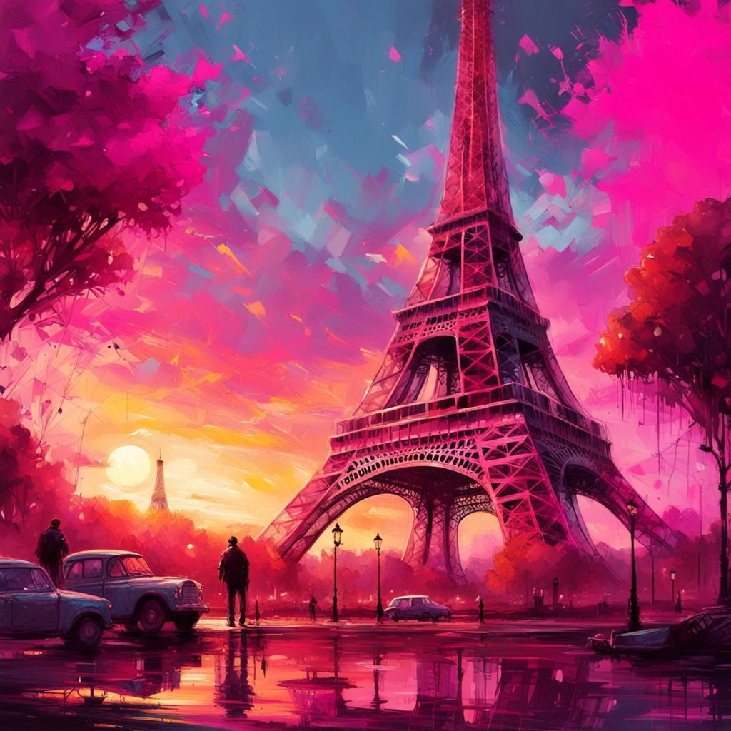 Pink Eiffel Tower Sunset: Detailed Matte Painting