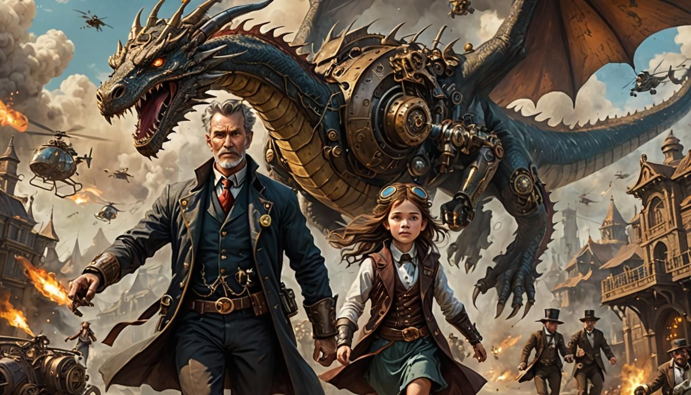 Steampunk Father, Dragon vs Helicopter Battle, Daughter