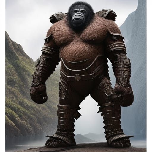 Man Confronts Great Iron-Armored Ape in Digital Painting