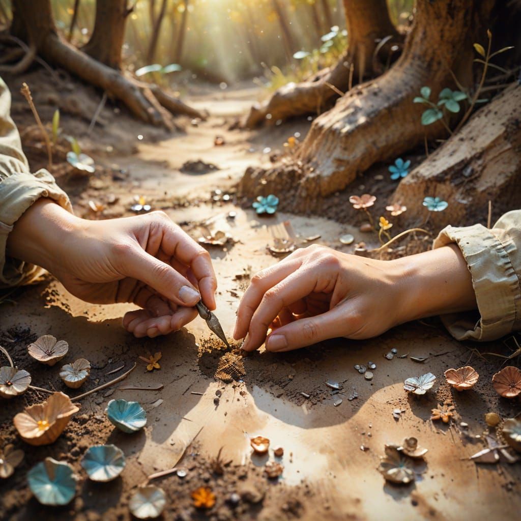 Hands Discovering Treasure in Watercolor Style