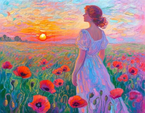 Woman in Poppy Field at Sunset, Impressionist Style