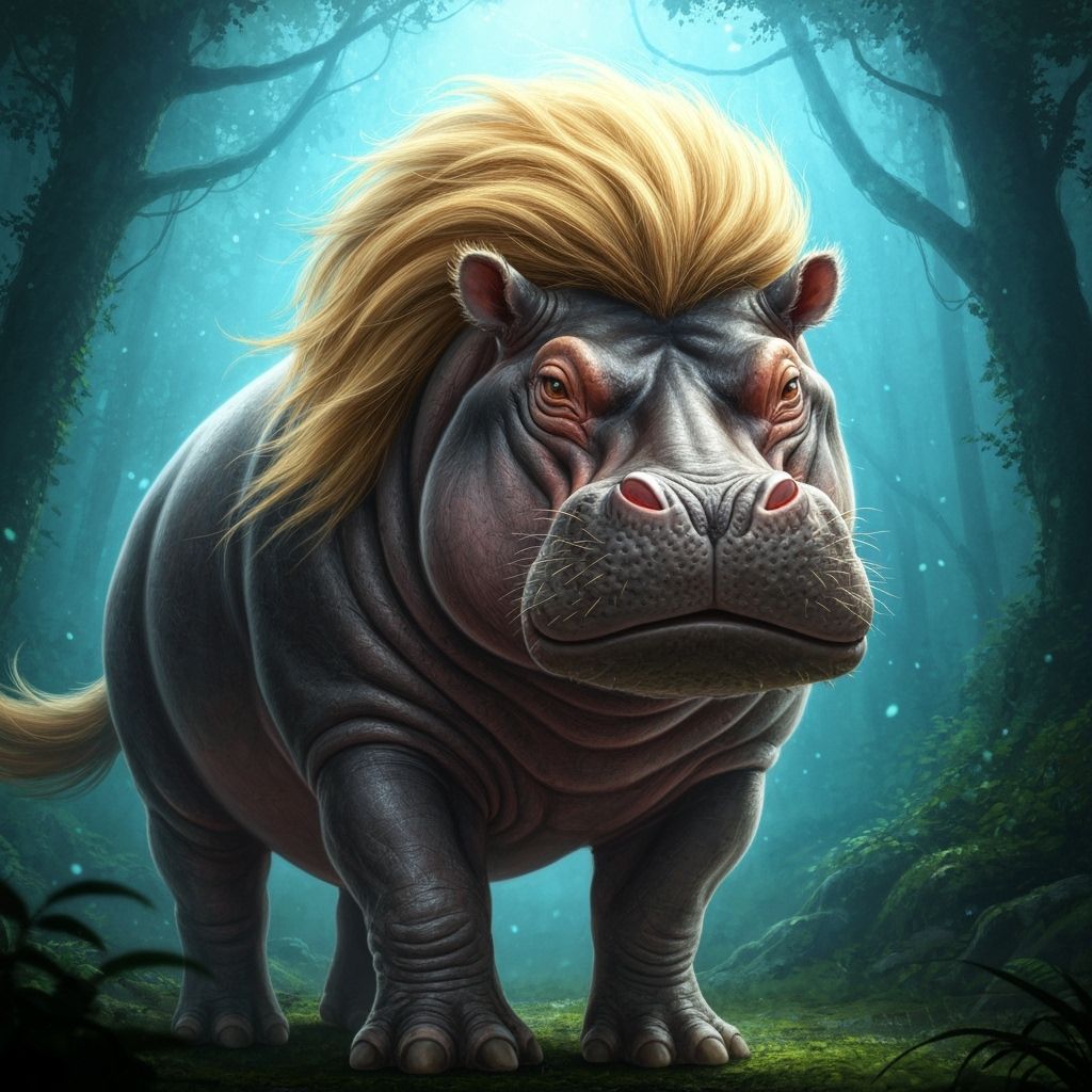 Hippo with Golden Mane in Fantasy Oil Painting