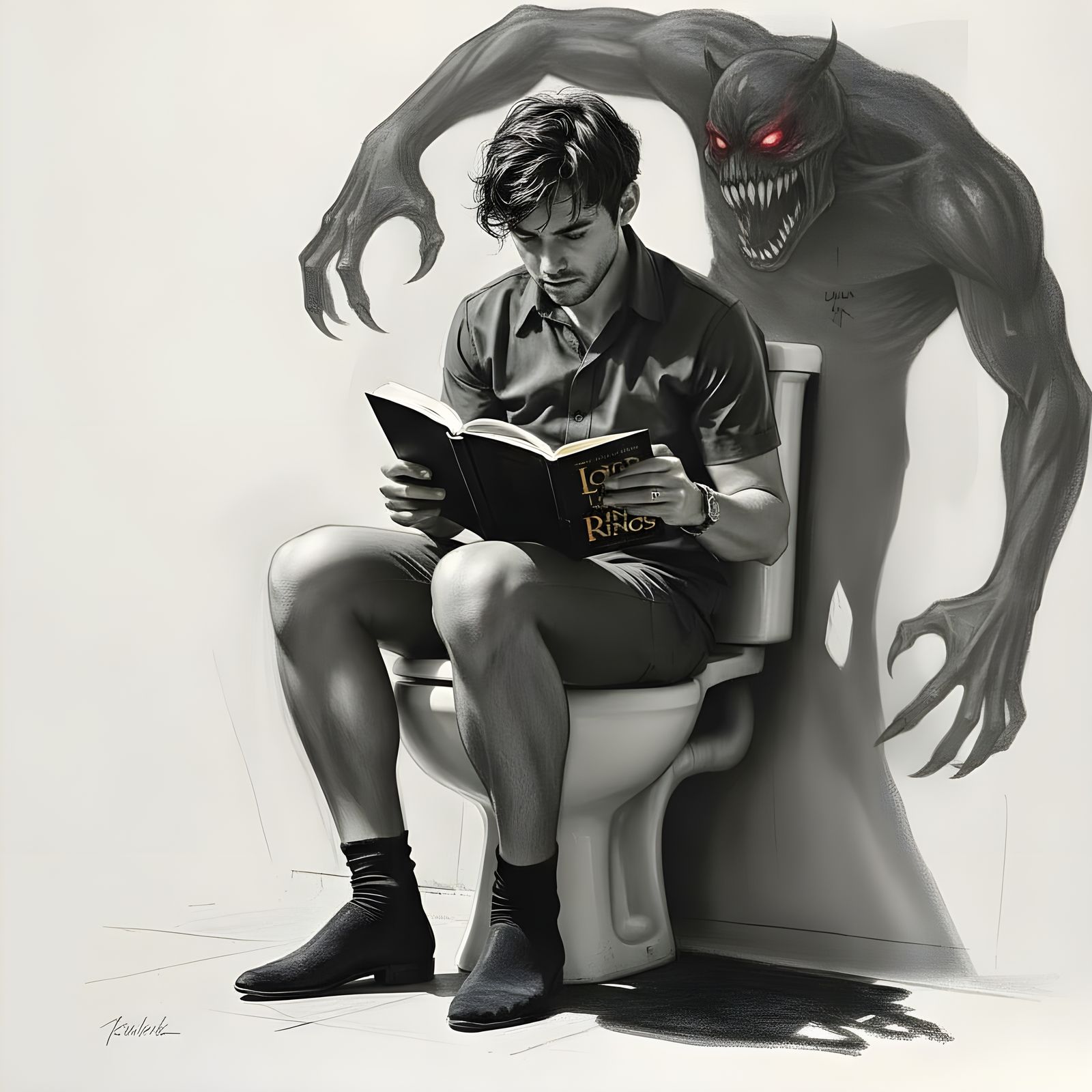 Dramatic Charcoal Sketch of Reader on Toilet