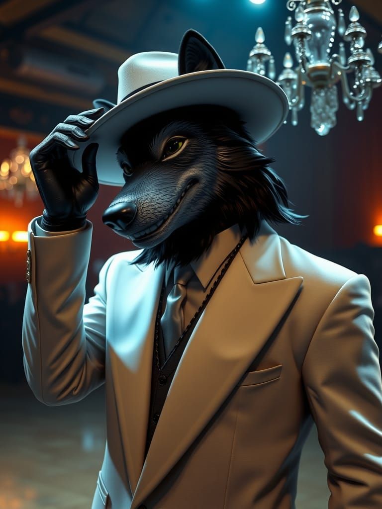 An anthropomorphic bipedal male black wolf in a white 1920's...