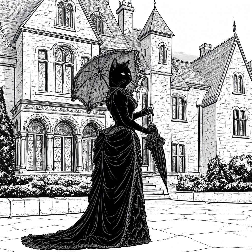 Elegant Victorian Cat Adorns Gothic Mansion with Delicate Pa...