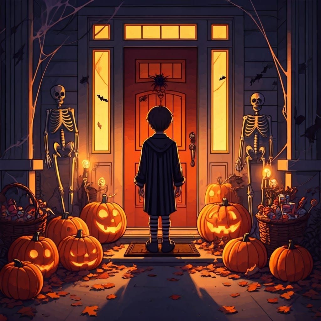 Halloween Trick-or-Treater at Spooky Doorway