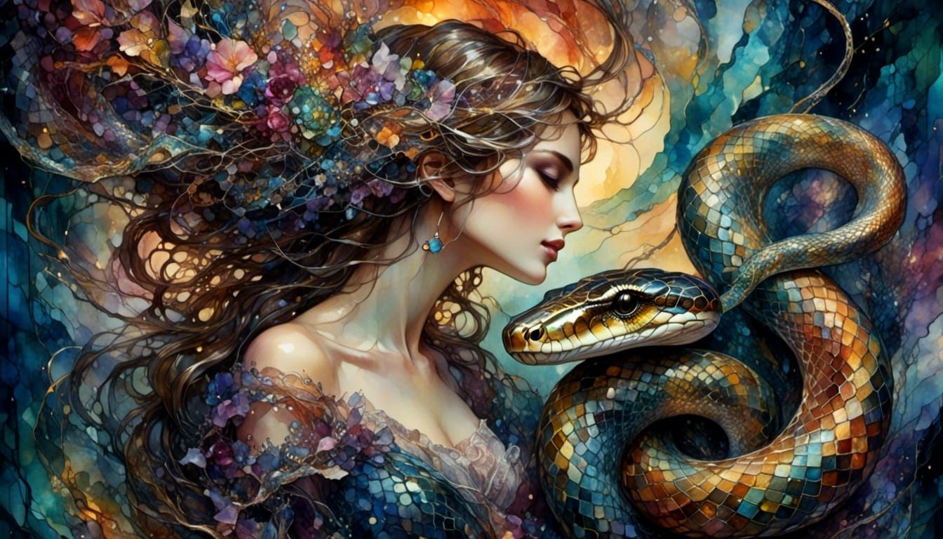 Woman with Iridescent Snake in Fantasy Alcohol Ink