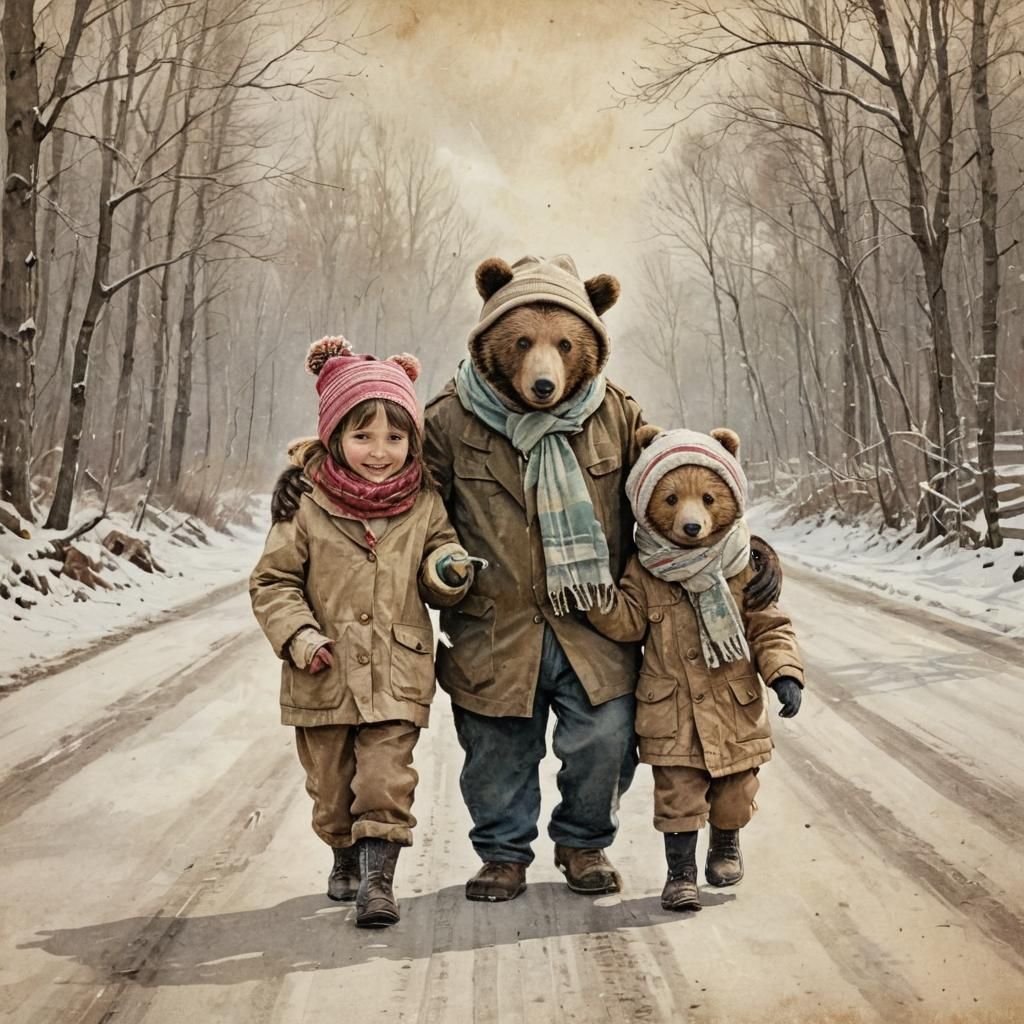 Bears Walking on Snowy Road, Watercolor Illustration