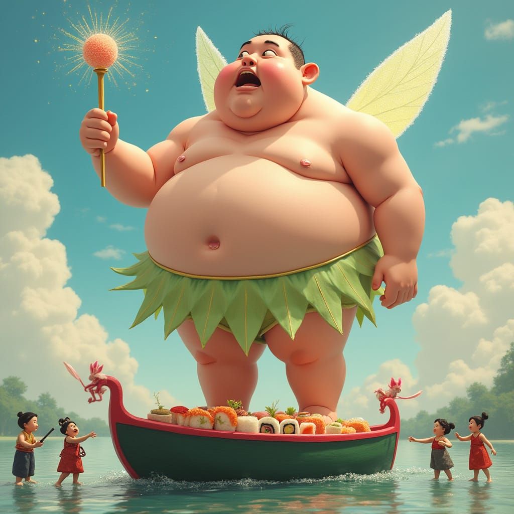 Giant Tinkerbell Gazes at Sushi Boat: Whimsical Scene
