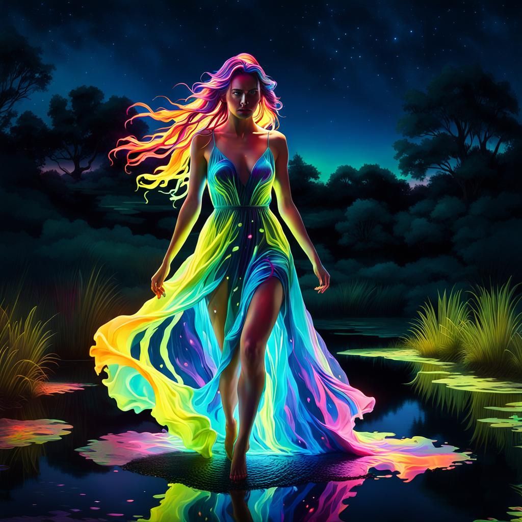 Woman in Flowing Slime Dress by Pond at Night