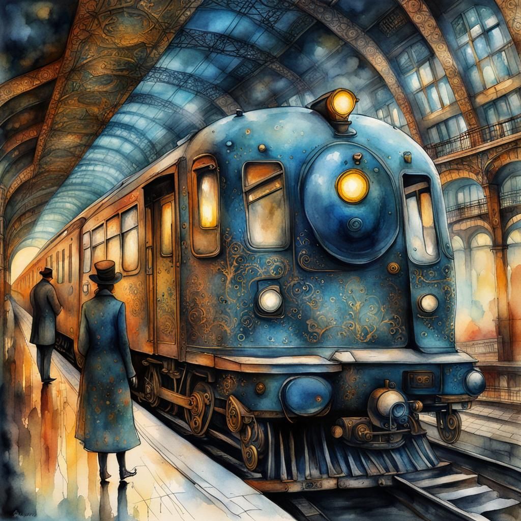 Train Station Double Exposure in Watercolor and Ink