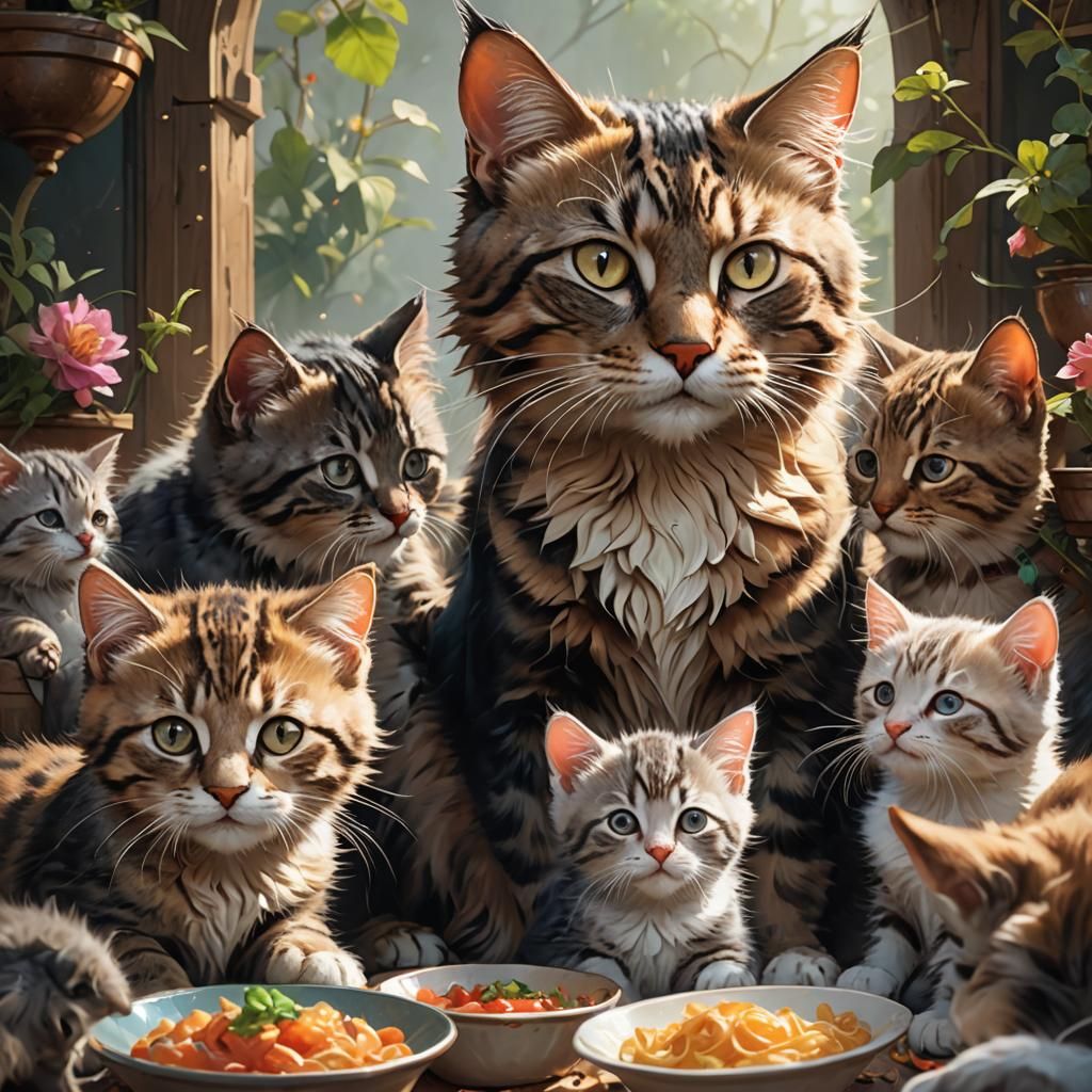 Mama Cat and Kittens: Hyperdetailed Portrait