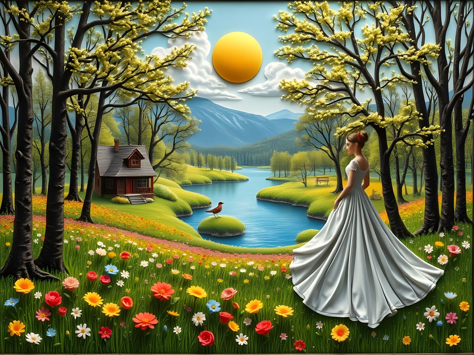 Spring Meadow: Complex Relief Embroidery Art