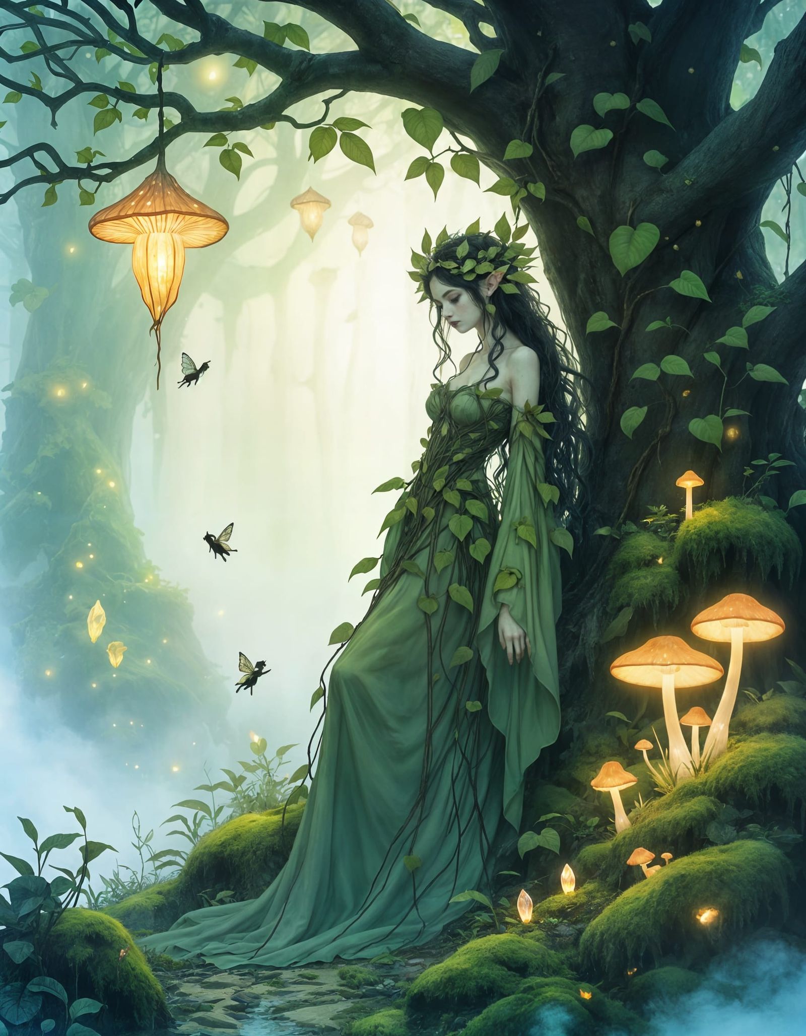 Mysterious Dryad in Bioluminescent Grotto, Watercolor Style