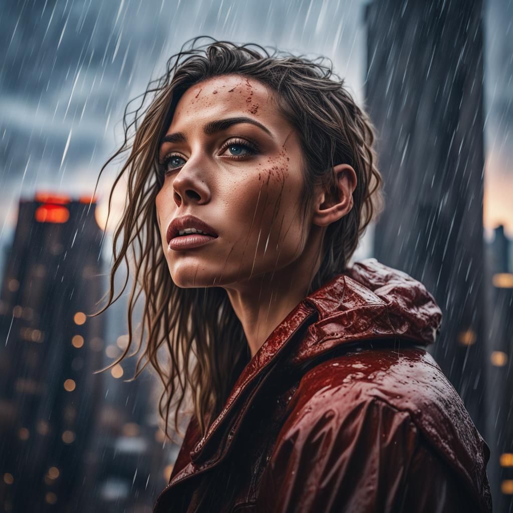 Hyperrealistic Woman in Rainy New York City