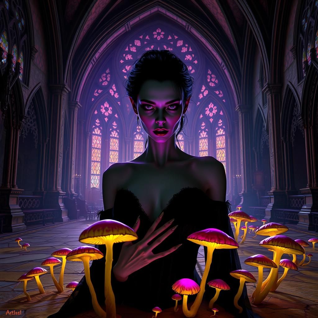 Regal Vampire in Gothic Church, Alphonse Mucha Style