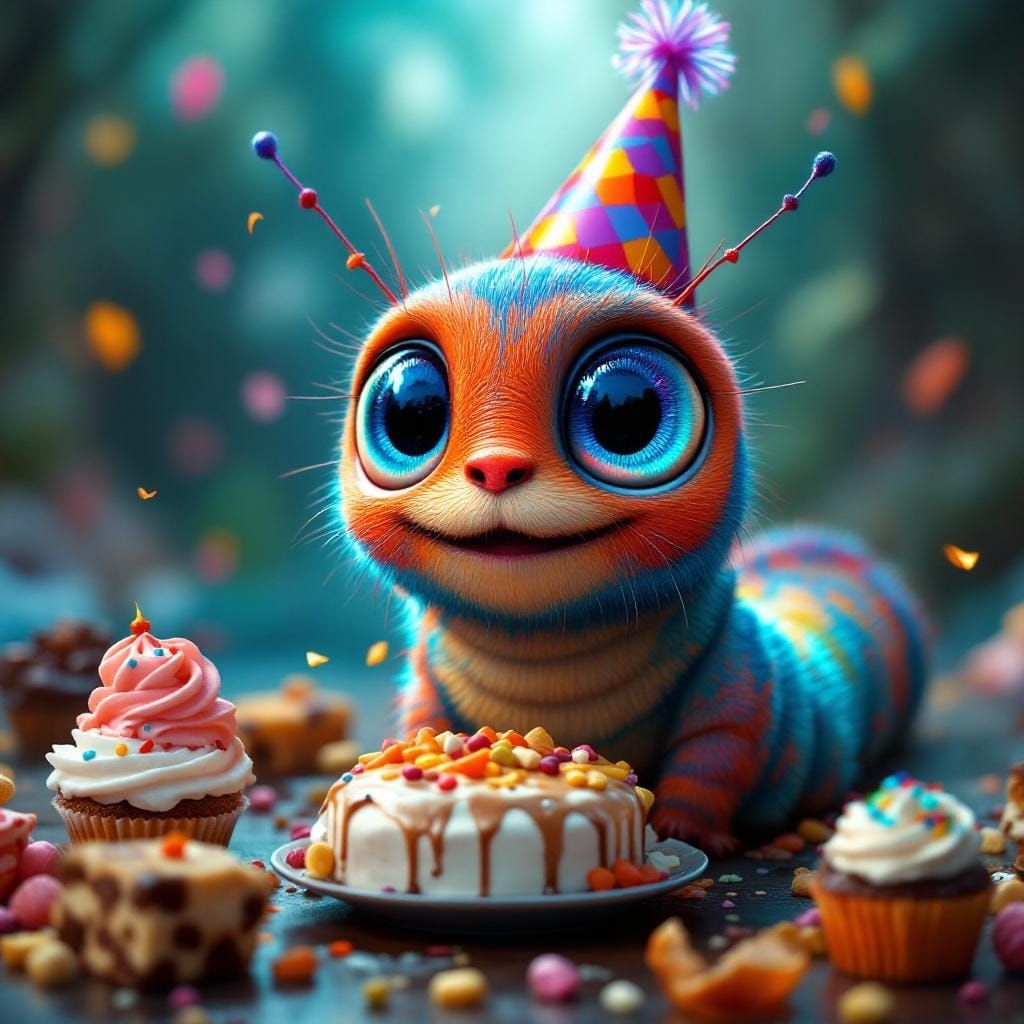 Joyful Caterpillar's Feast in Fantasy Landscape