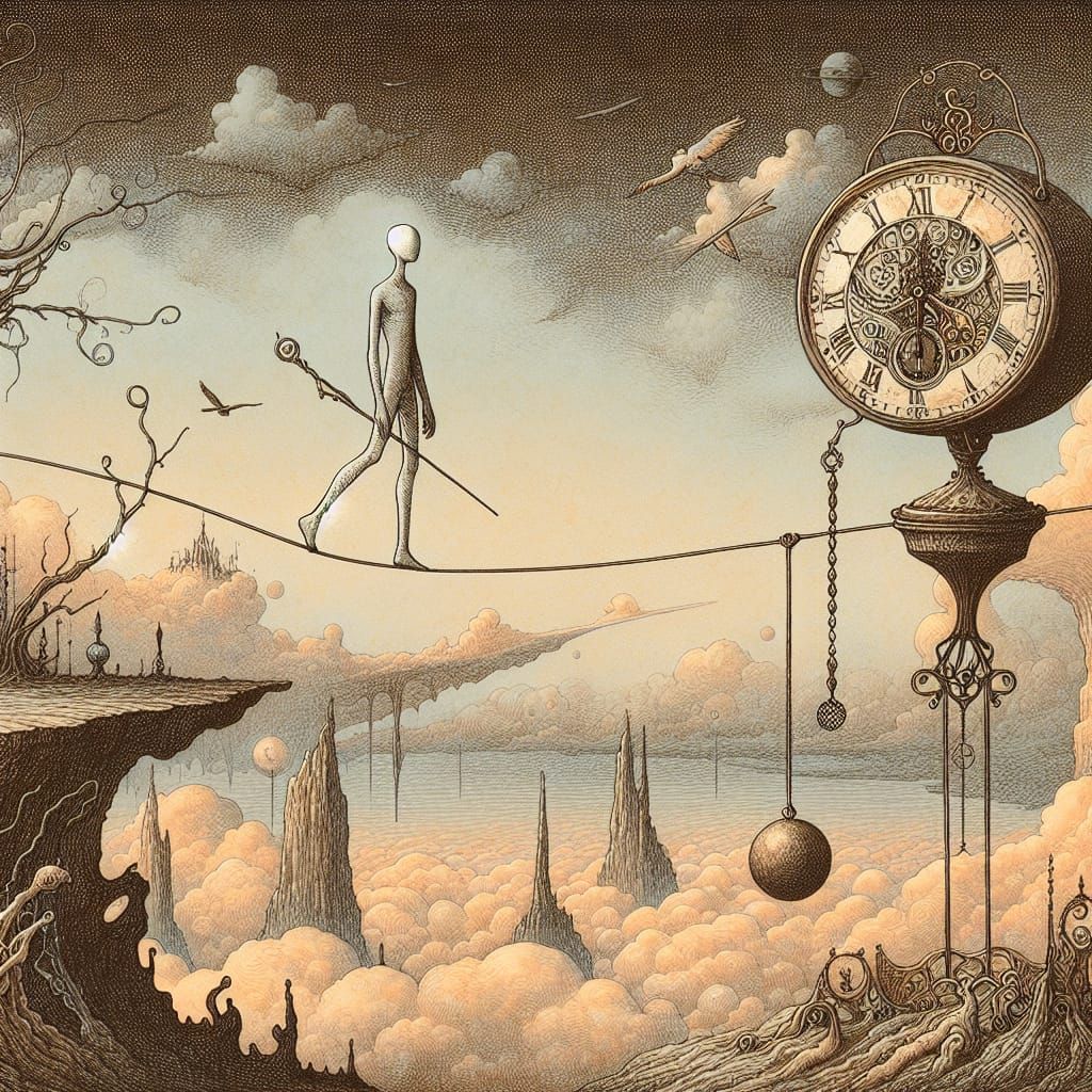 Poised Figure in Whimsical Landscape with Vintage Clock