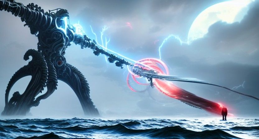 Colossal Mechanical Titan with Broadsword in Raging Sea